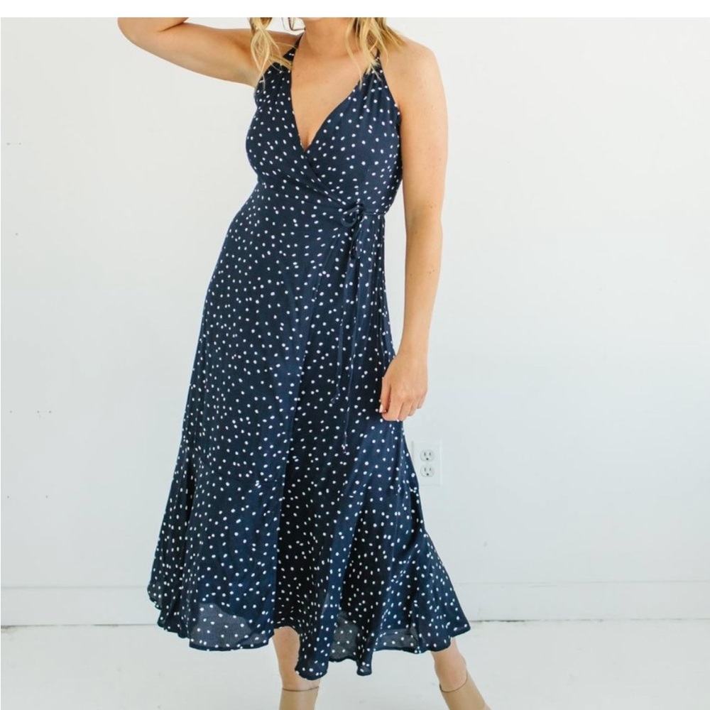 Spring & summer flowy midi wrap dress by The RESET, blue & white polka dots
